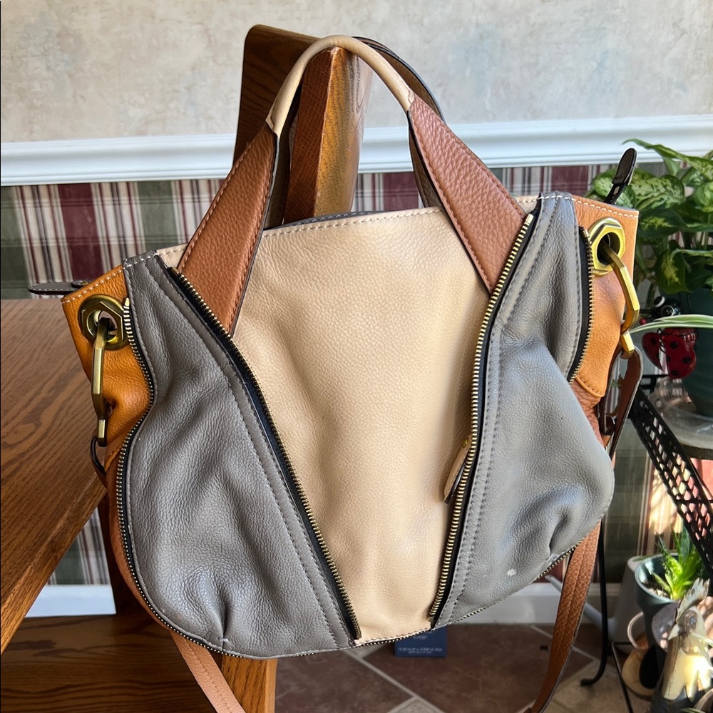 orYANY Lian Cream,grey and brown color block leather designer satchel/crossbody.